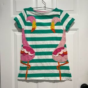 Mini Boden Green and White Striped Tunic with Pink Flamingos